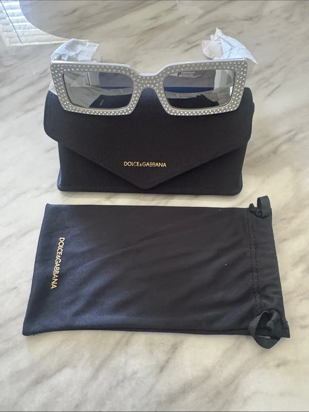 Dolce & Gabbana White Crystal-Embellished Rectangle Sunglasses